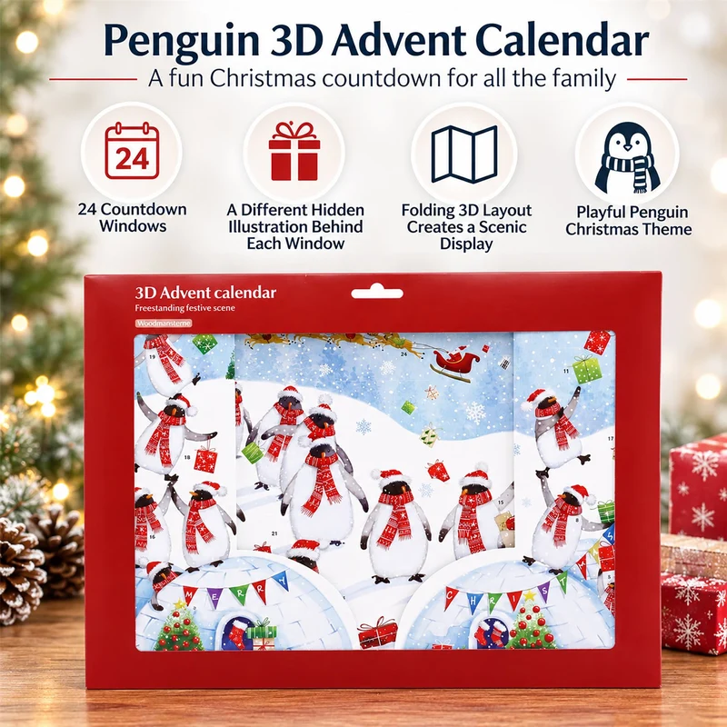 Penguins in Scarves 3D Christmas Advent Calendar, Freestanding 24 Window