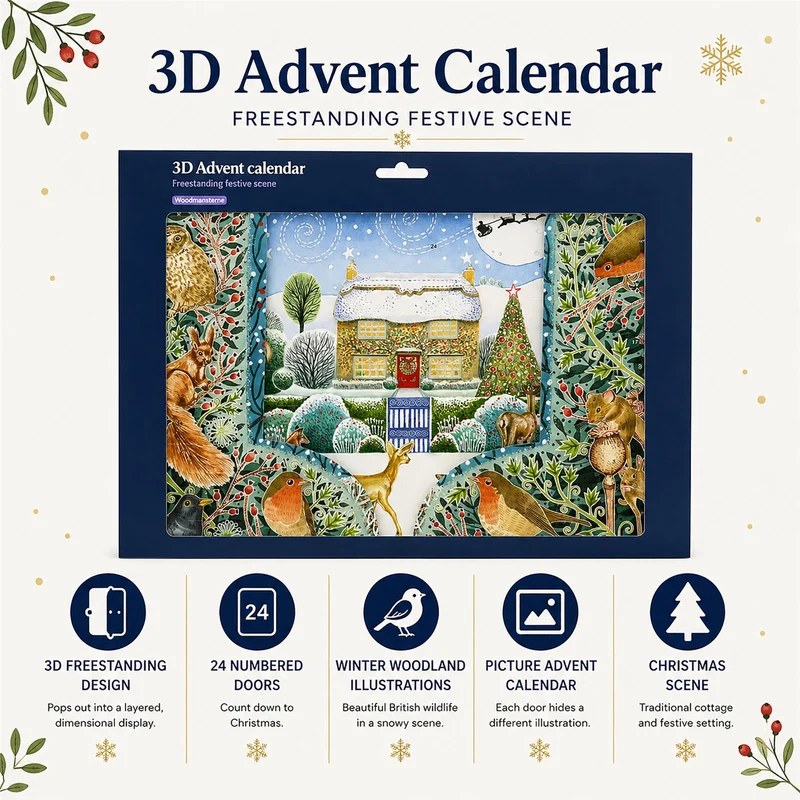 Snowy Cottage 3D Christmas Advent Calendar, Freestanding Picture Calendar