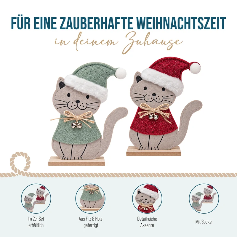2er Set Filz-Katzen Aufsteller rot grün ca. 22 cm mit Sockel