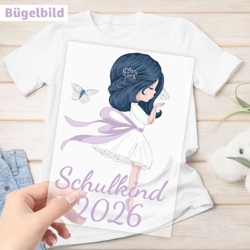 Bügelbild - Schulkind - Wunschname & Wunschjahr - Schmetterlingsmädchen