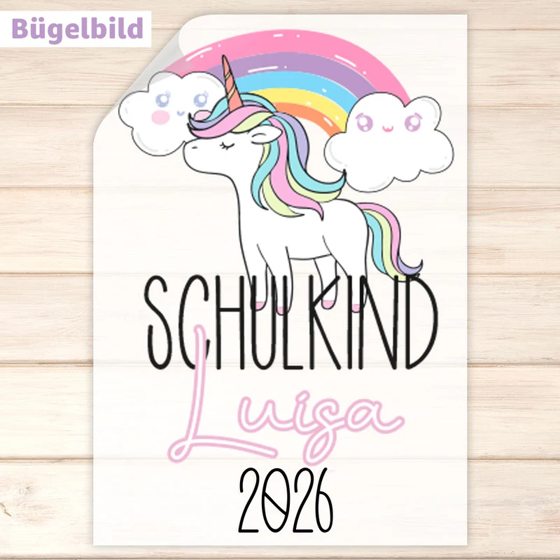 Bügelbild - Schulkind - Wunschname & Wunschjahr - Regenbogen Einhorn