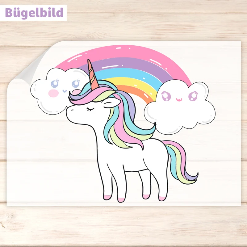 Bügelbild - Schulkind - Wunschname & Wunschjahr - Regenbogen Einhorn