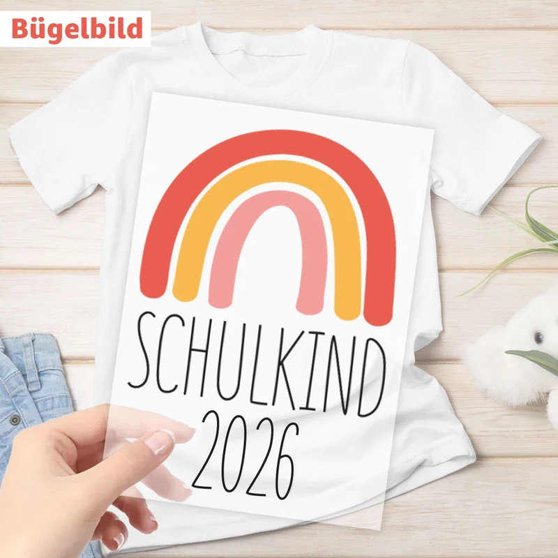 Bügelbild - Schulkind - Wunschname & Wunschjahr - Regenbogen classic - rosa