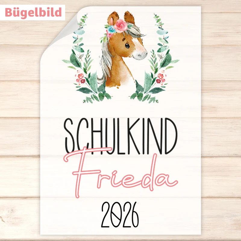 Bügelbild - Schulkind - Wunschname & Wunschjahr - Pony Frieda