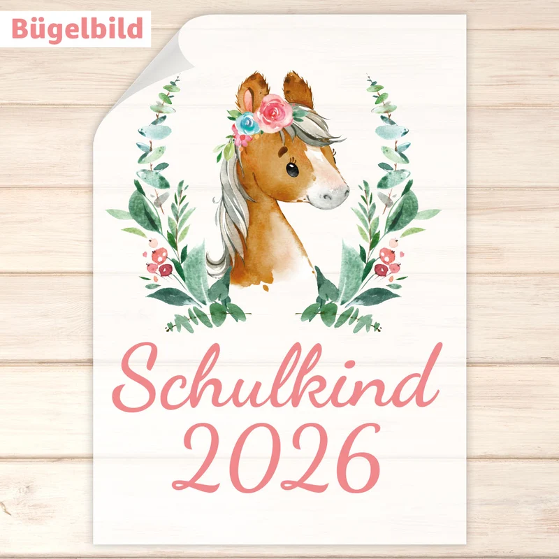 Bügelbild - Schulkind - Wunschname & Wunschjahr - Pony Frieda