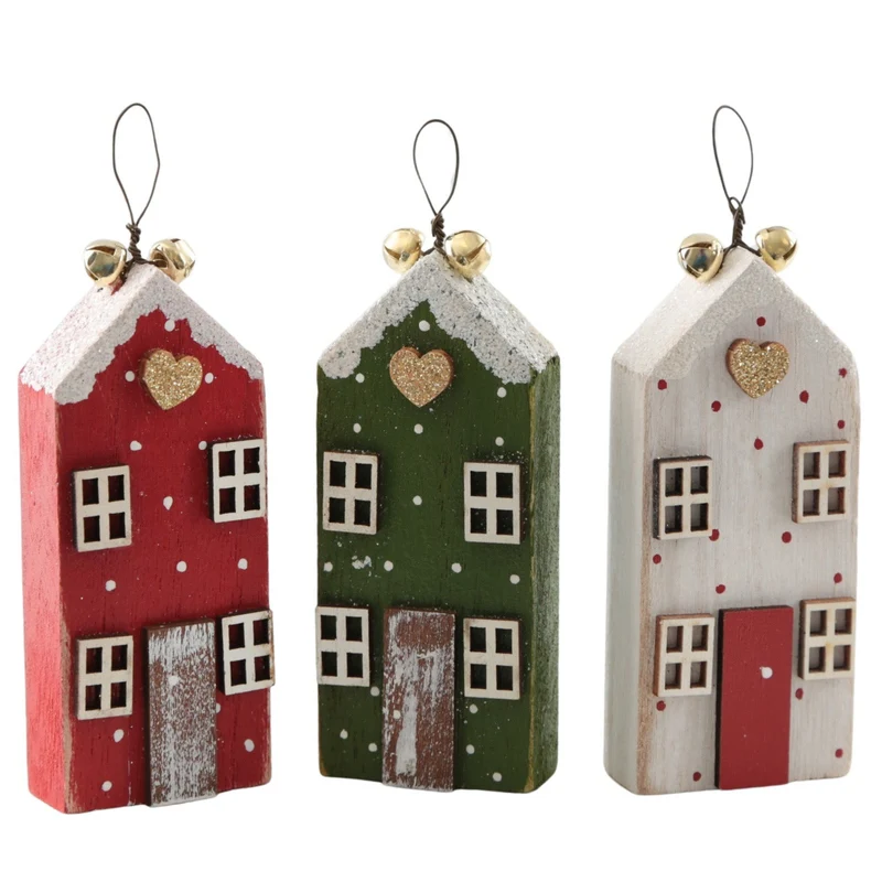 Weihnachtshänger Häuser 3er-Set – Holz-Häuschen mit Herz & Glöckchen zum Aufhängen