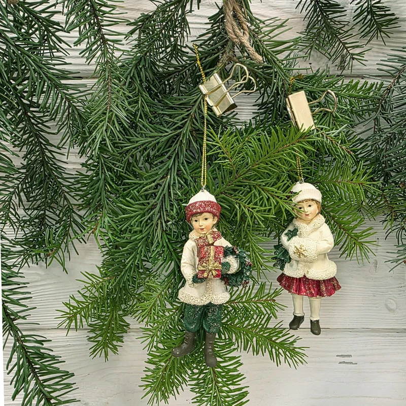 Christbaumschmuck Kinder 2er-Set aus Poly, je ca. 10 cm, handbemalte klassische Weihnachtsdeko zum Aufhängen