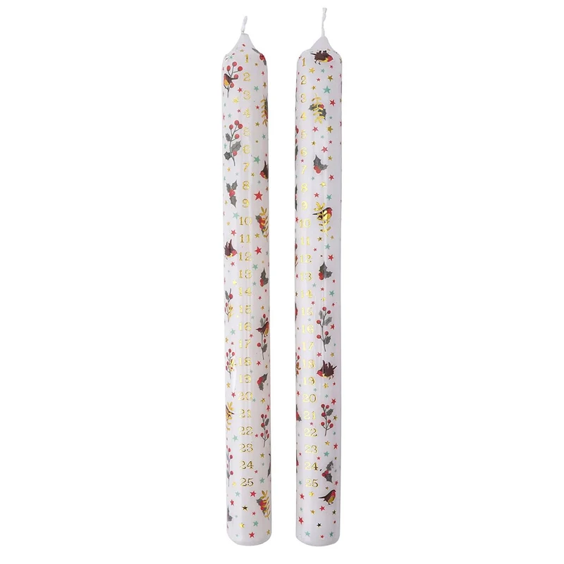 Set of 2 Deck the Halls Advent Dinner Candles | Christmas Advent Candles - 25cm