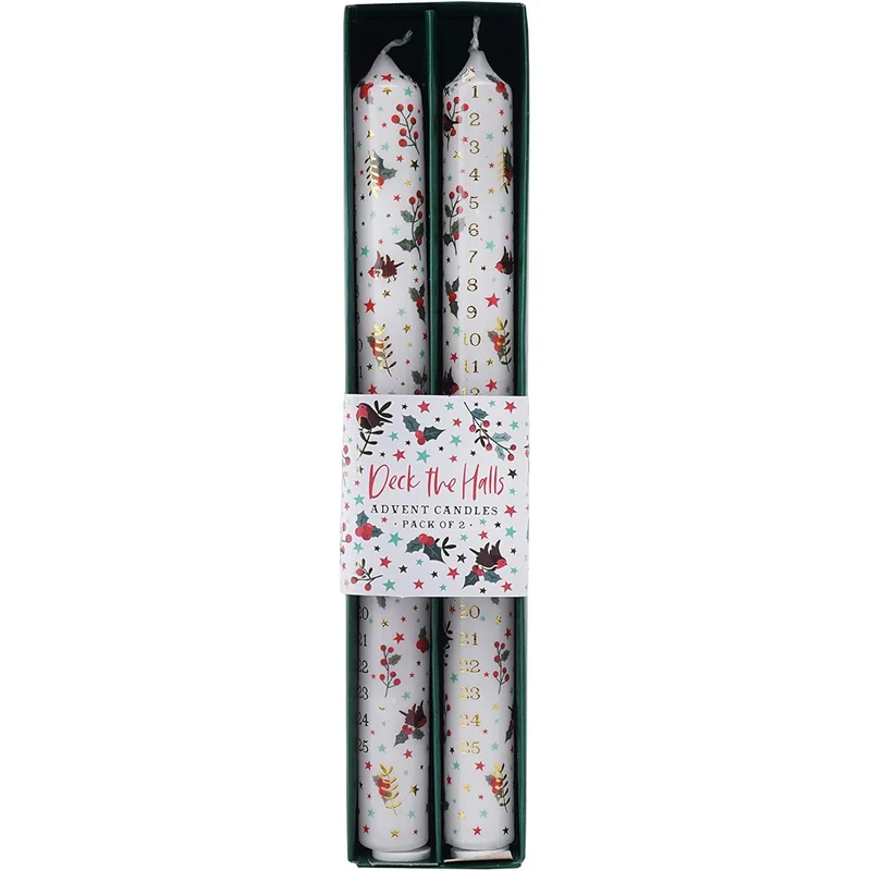 Set of 2 Deck the Halls Advent Dinner Candles | Christmas Advent Candles - 25cm