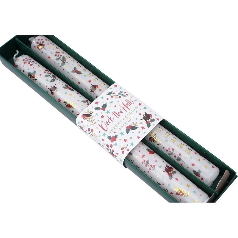 Set of 2 Deck the Halls Advent Dinner Candles | Christmas Advent Candles - 25cm