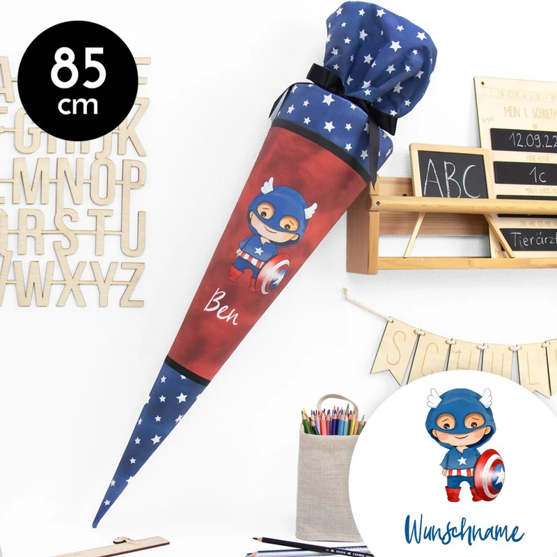 Schultüte aus Baumwolle mit Wunschname - Heldenhafter Schulstart - Mr. Super - 85 cm