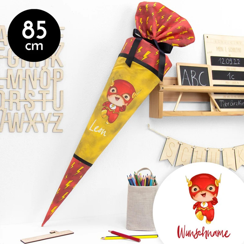 Schultüte aus Baumwolle mit Wunschname - Heldenhafter Schulstart - Mr. Flink - 85 cm