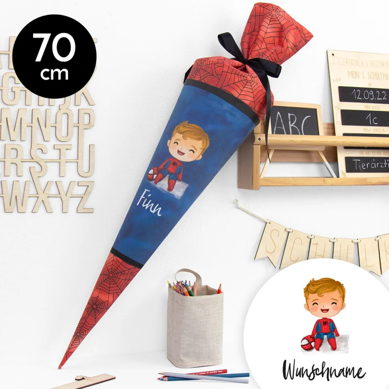 Schultüte aus Baumwolle mit Wunschname - Heldenhafter Schulstart - Mr. Clever - 70 cm