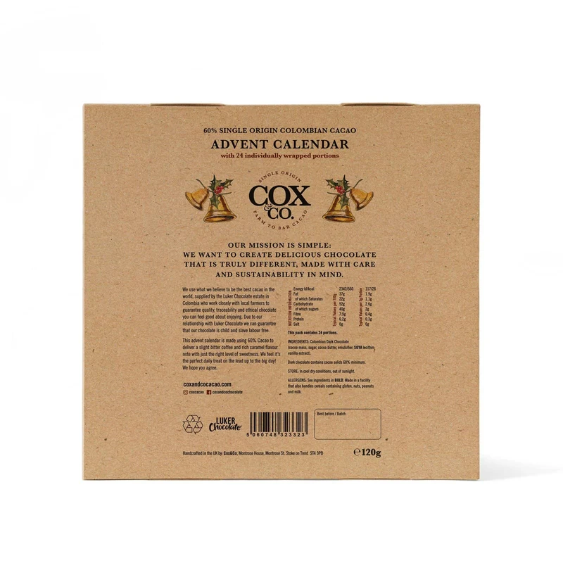 Cox & Co. 60% Single-Origin Dark Chocolate Christmas Advent Calendar for Adults