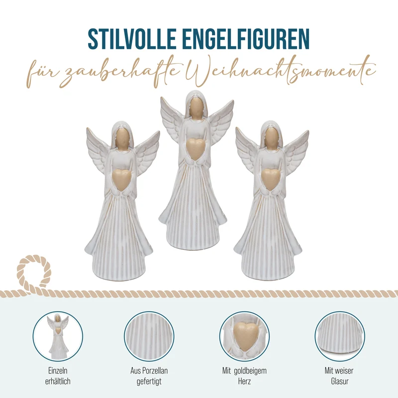 Engel Figur aus Porzellan mit Herz – Weiß, 18 cm Schutzengel