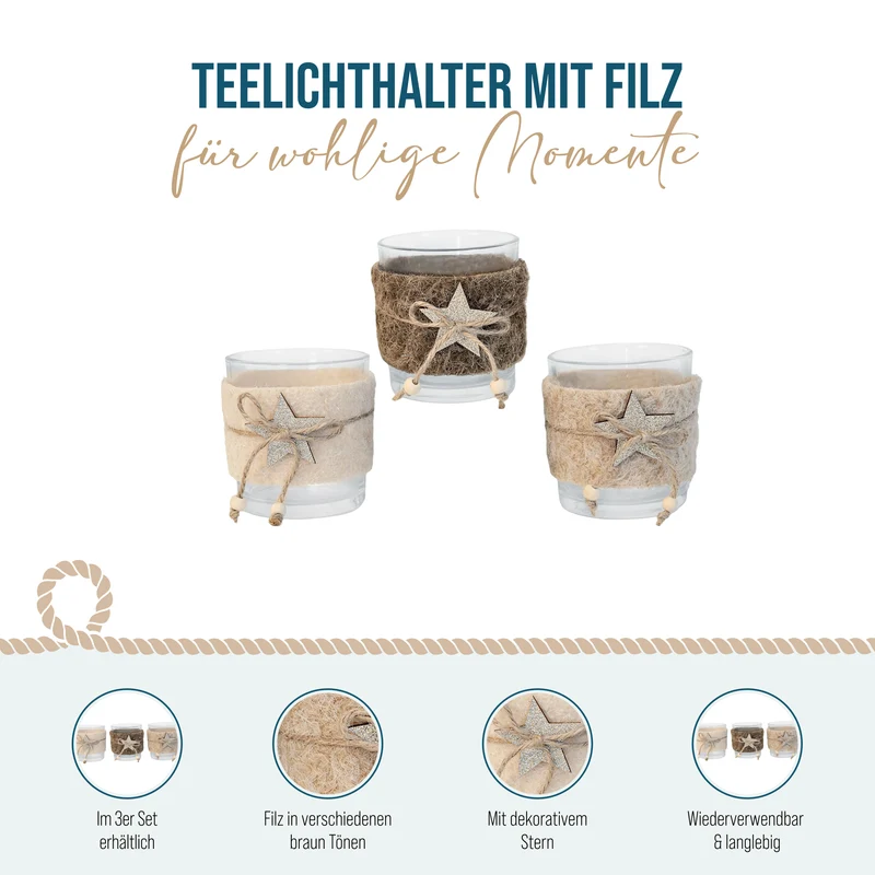 Teelichthalter 3er Set aus Glas mit Filz und Holzstern – 7,3 x 8 cm