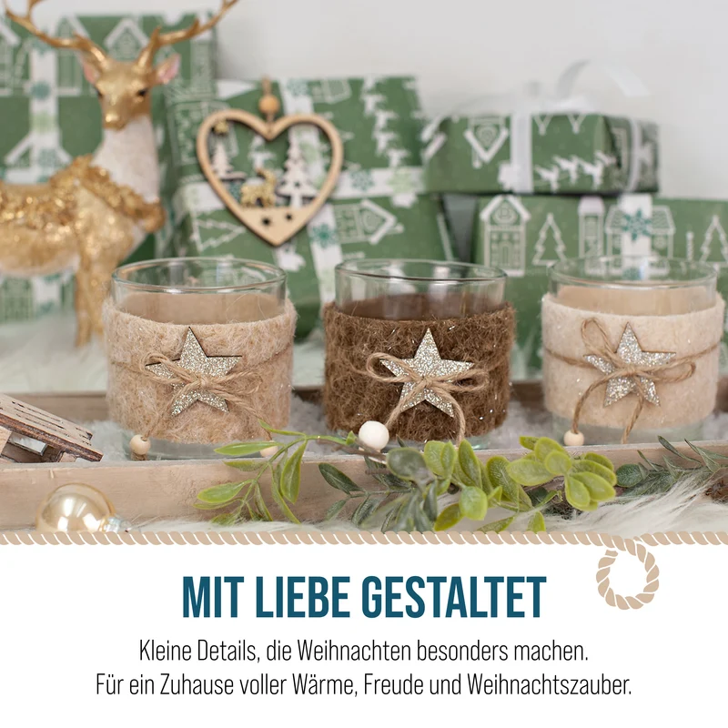Teelichthalter 3er Set aus Glas mit Filz und Holzstern – 7,3 x 8 cm