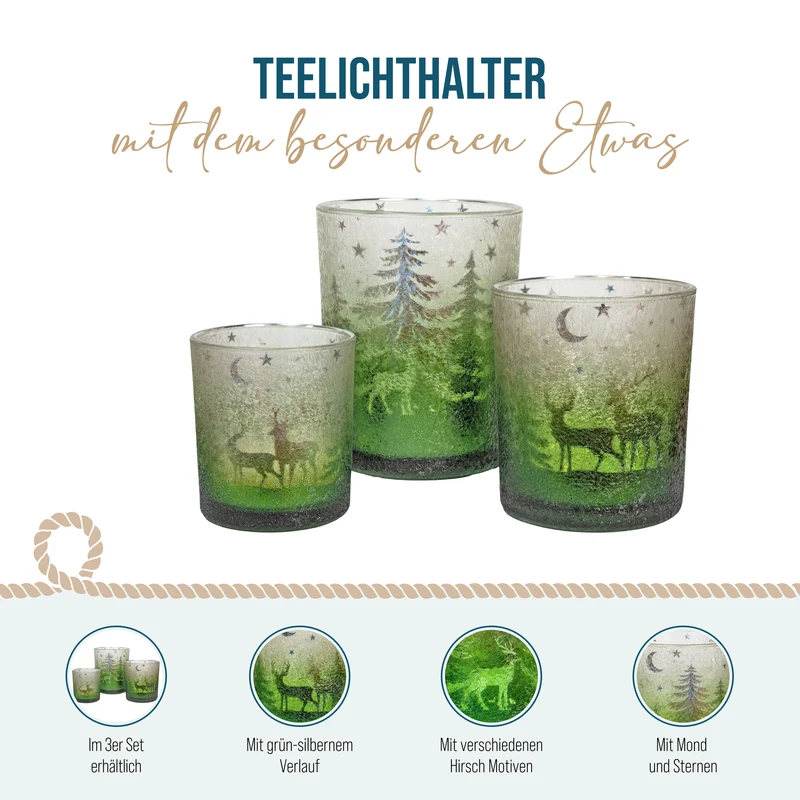 Windlichter 3er Set aus Glas – Winterwald mit Hirsch in Grün und Silber