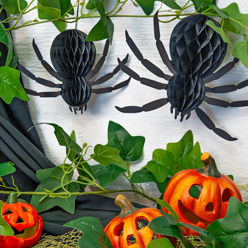 Honeycomb Spinnen Halloween Deko 2er Set aus Papier – 25 und 20 cm zum Aufhängen