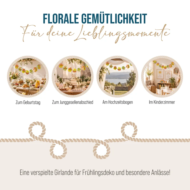 3D-Blumen-Girlande aus Naturpapier 183 cm - handgefertigt in Nepal