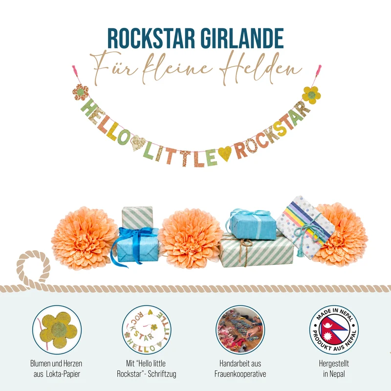 Mini Girlande Hello Little Rockstar aus Naturpapier 100 cm handgefertigt in Nepal