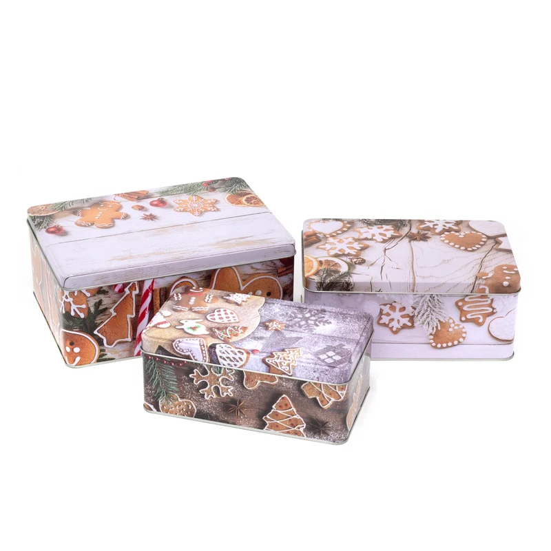Set of 3 Gingerbread Christmas Storage Tins | Festive Rectangle Nesting Tins