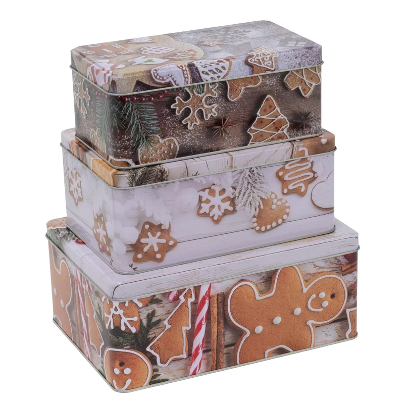 Set of 3 Gingerbread Christmas Storage Tins | Festive Rectangle Nesting Tins