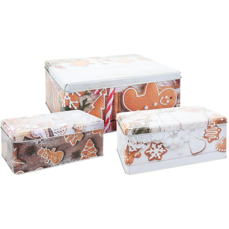 Set of 3 Gingerbread Christmas Storage Tins | Festive Rectangle Nesting Tins