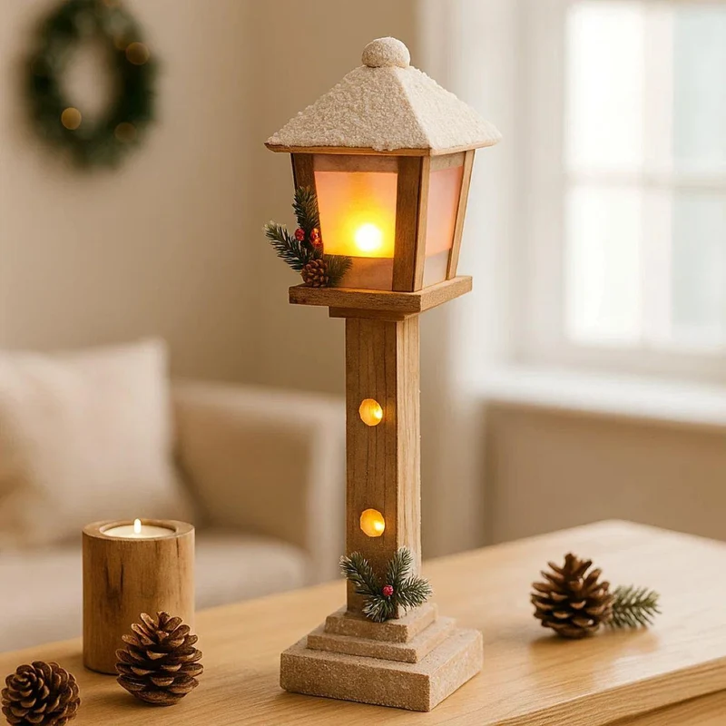 LED Christmas Lamp Post | Rustic Wooden Snow-topped Festive Street Light