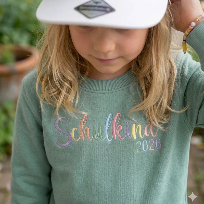 Sweatshirt Pullover bestickt „Schulkind 2026“ Geschenk zur Einschulung Mädchen