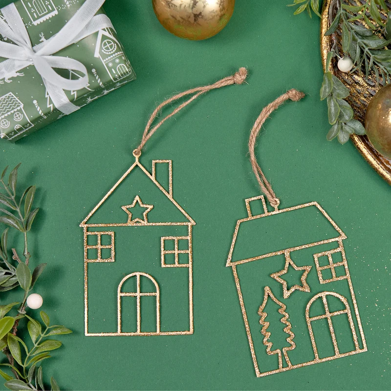 2er Set Weihnachtsanhänger Haus Draht Gold ca. 9 x 12,5 cm