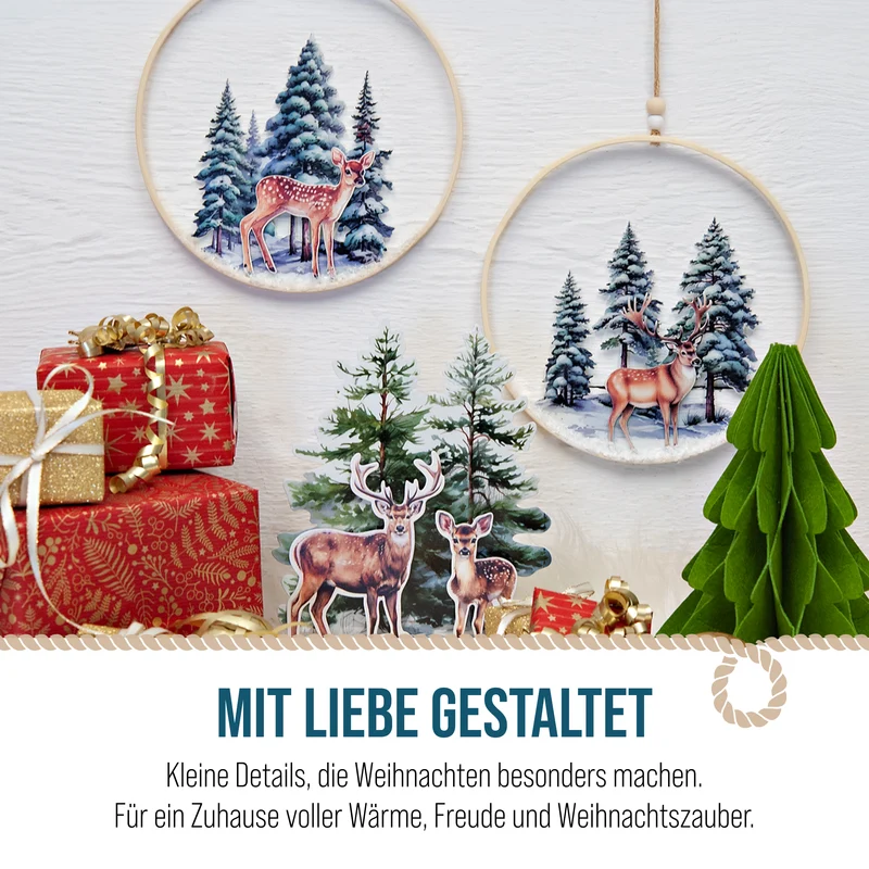 2er Set Weihnachtsanhänger Ring Hirsch und Reh Holz ca. 15 cm