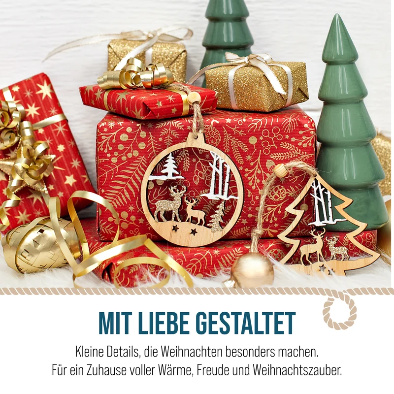 12er Set Christbaumschmuck Holz Tannenbaum und Kugel ca. 7,5 cm