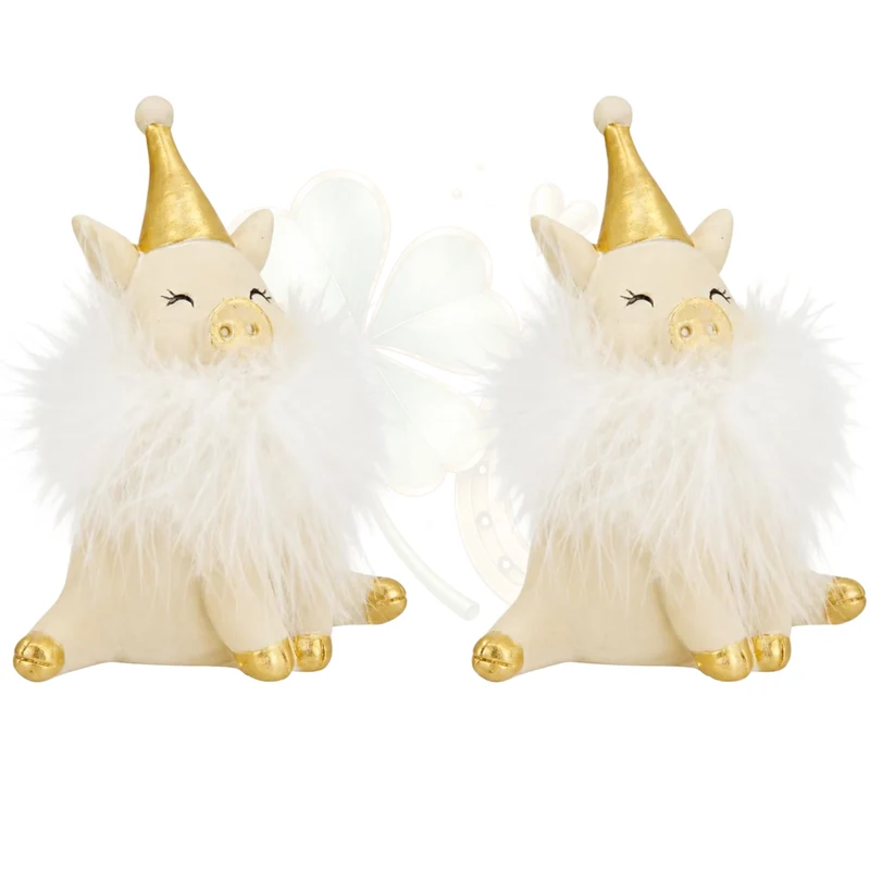 Glücksschwein Figuren 2er Set Weiß-Gold mit Federkragen, 8 cm