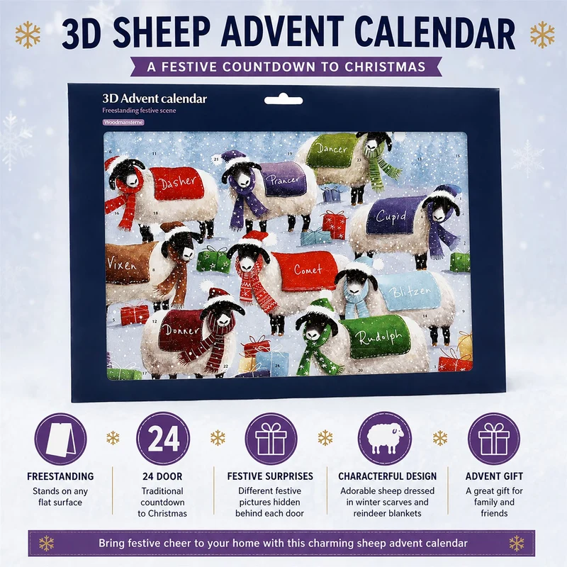 Sheep with Blankets 3D Christmas Advent Calendar, Freestanding 24 Door