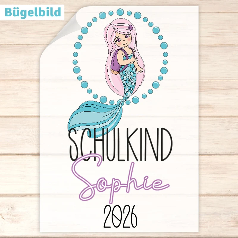 Bügelbild - Schulkind - Wunschname & Wunschjahr - Mermaid School