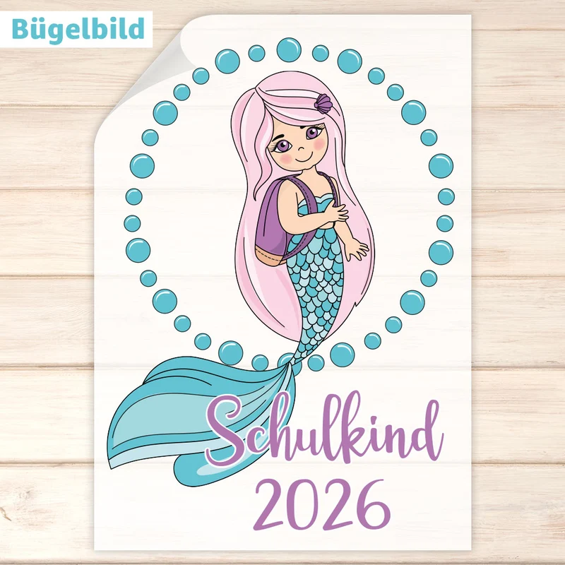 Bügelbild - Schulkind - Wunschname & Wunschjahr - Mermaid School