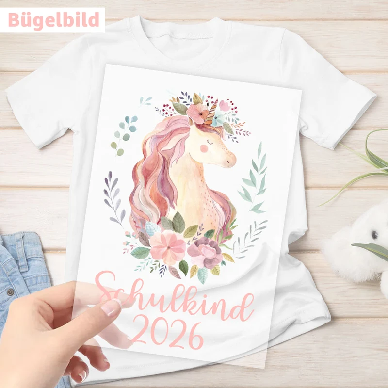 Bügelbild - Schulkind - Wunschname & Wunschjahr - Lovely Unicorn