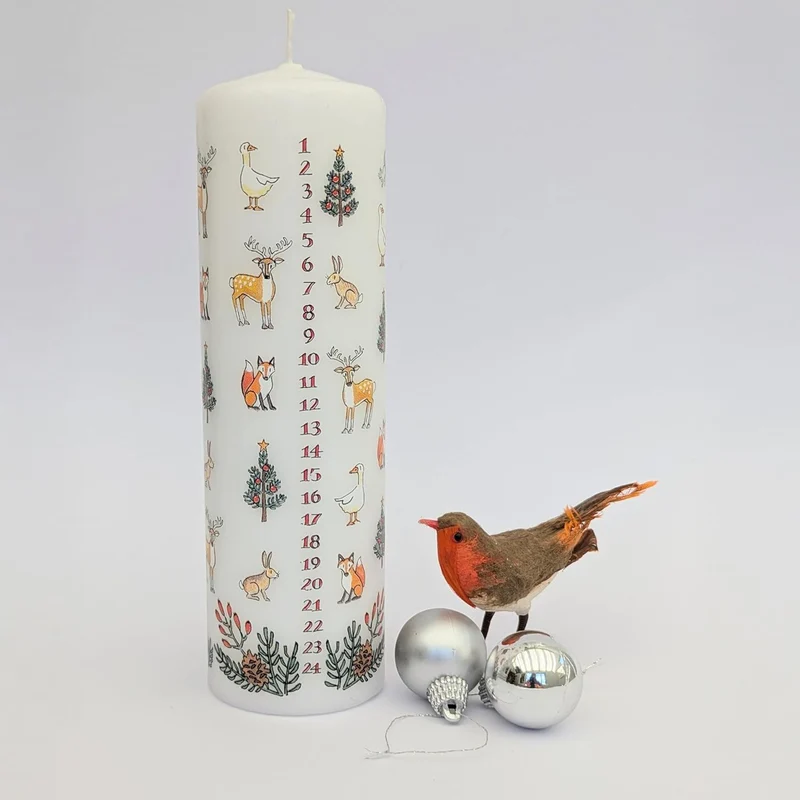 Winter Wildlife Advent Pillar Candle | Christmas Advent Calendar Candle - 20cm