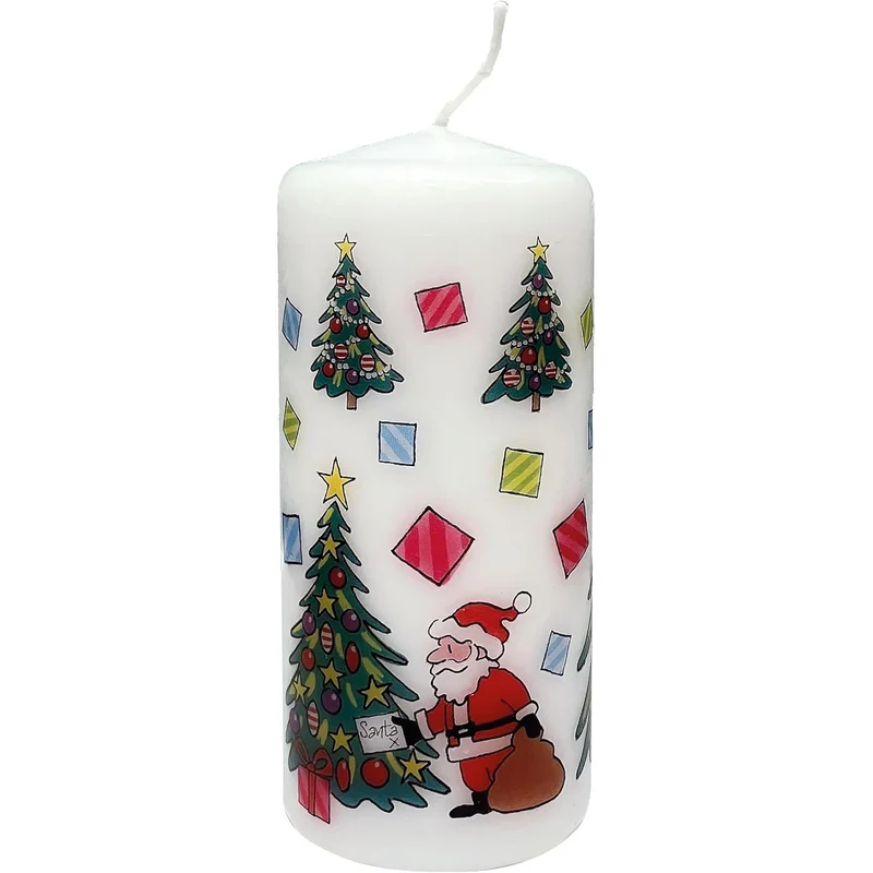 Christmas Trees Pillar Candle | Festive Candle with Colourful Santa Design 13cm