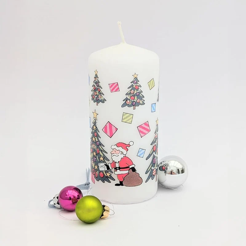 Christmas Trees Pillar Candle | Festive Candle with Colourful Santa Design 13cm