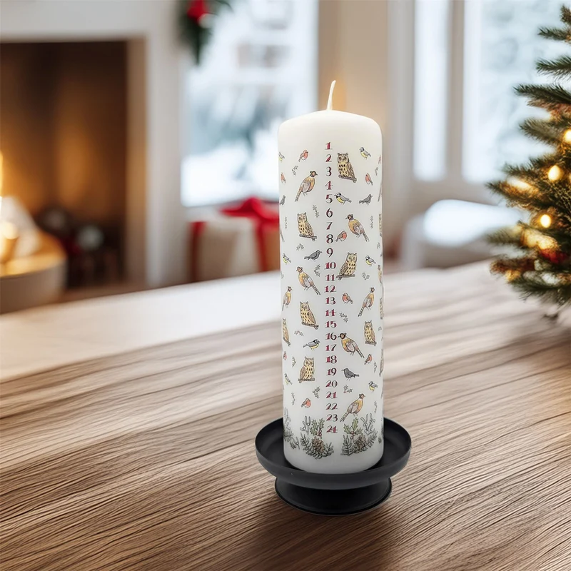 Winter Birds Advent Pillar Candle | Christmas Advent Calendar Candle - 20cm