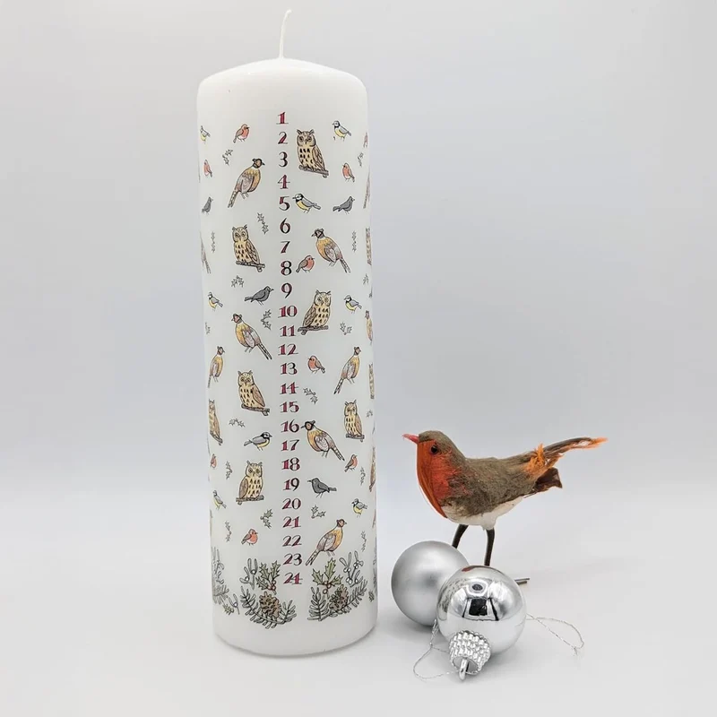 Winter Birds Advent Pillar Candle | Christmas Advent Calendar Candle - 20cm