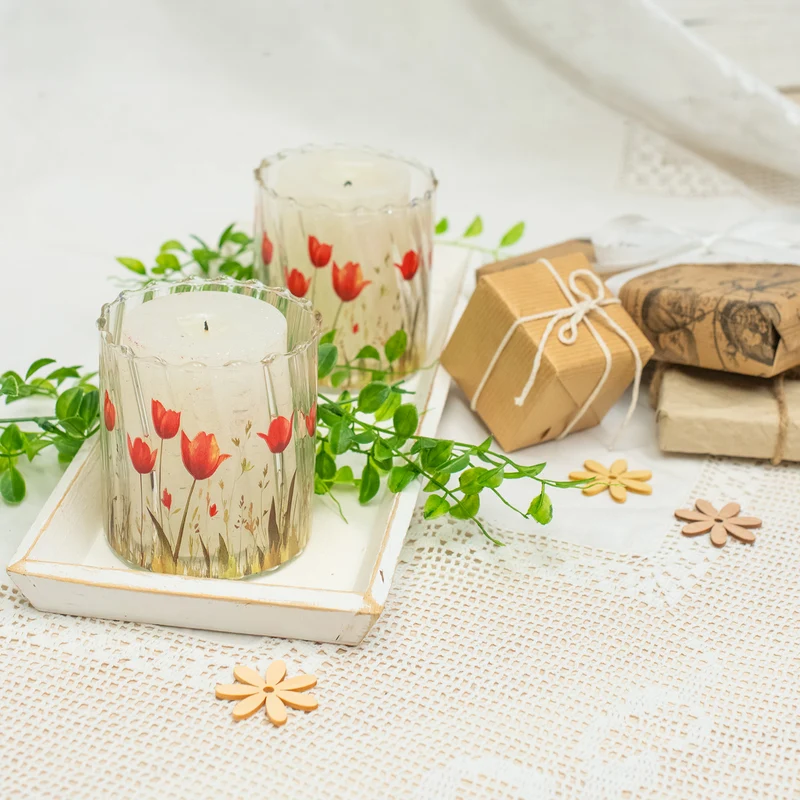 Windlicht Glas mit Tulpen-Motiv Ø 9 x 10 cm – Frühlingsdeko Kerzenhalter in Rot und Grün für Ostern und den Tisch