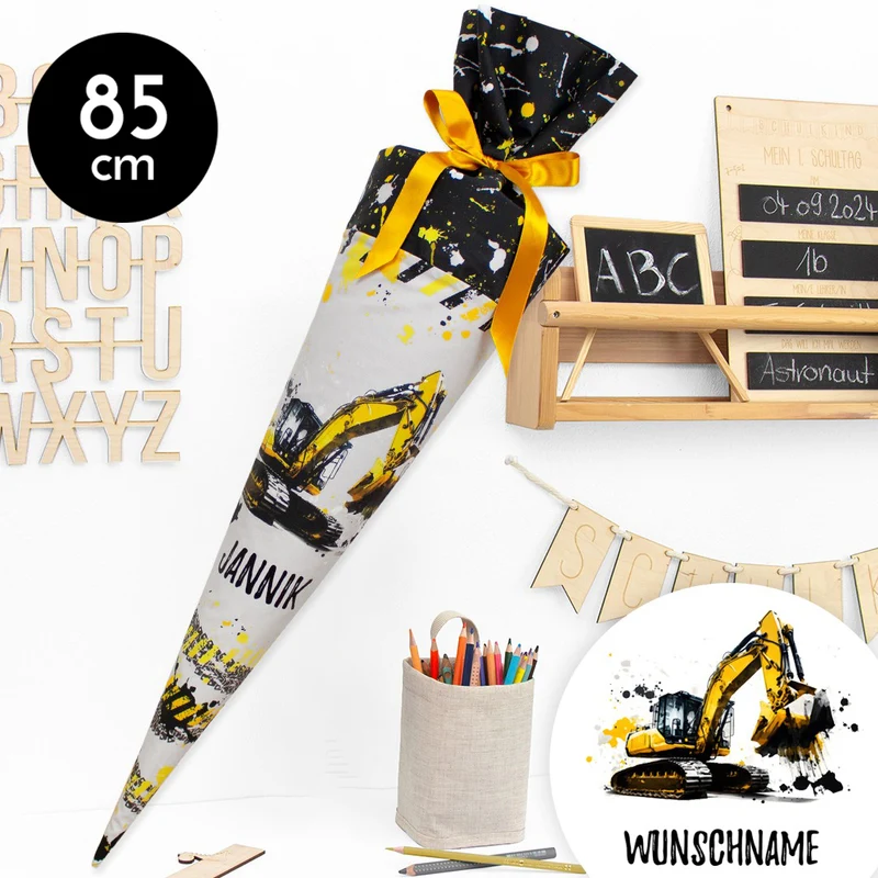 Schultüte aus Baumwolle mit Wunschname - Bagger - 85 cm