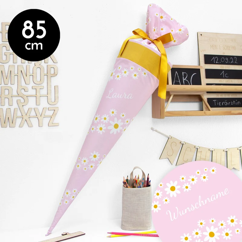 Schultüte aus Baumwolle mit Wunschname - Gänseblümchen rosa- 85 cm