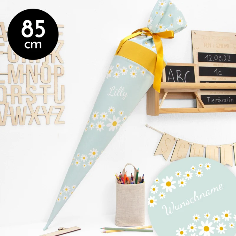 Schultüte aus Baumwolle mit Wunschname - Gänseblümchen mint - 85 cm