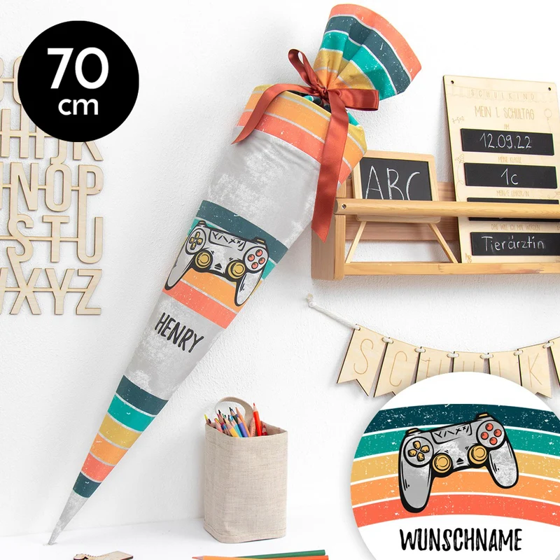 Schultüte aus Baumwolle mit Wunschname - Gamer - 70 cm