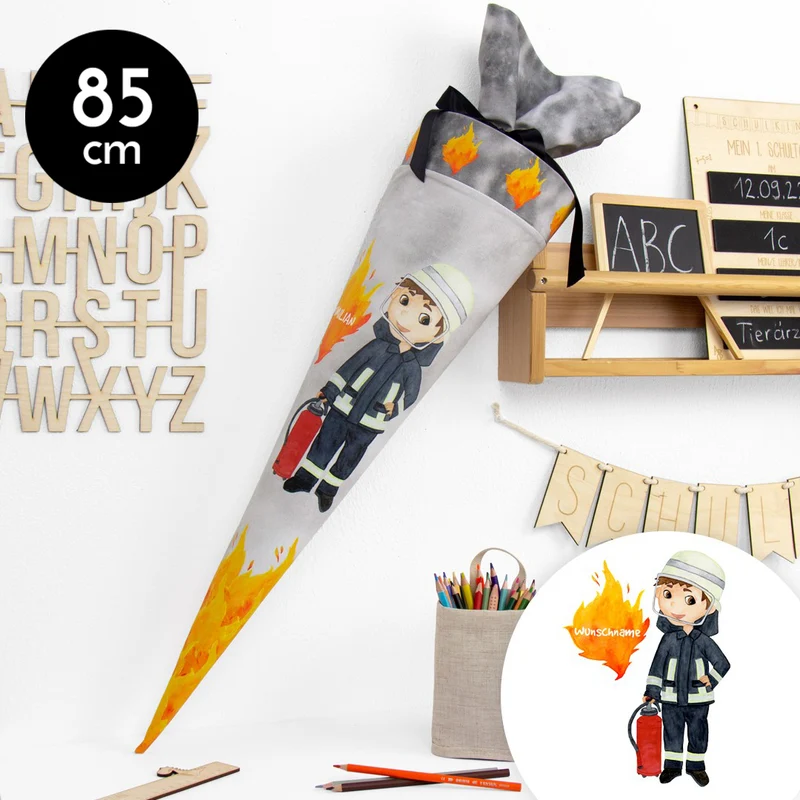 Schultüte aus Baumwolle mit Wunschname - Feuerwehrmann - 85 cm