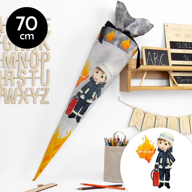 Schultüte aus Baumwolle mit Wunschname - Feuerwehrmann - 70 cm